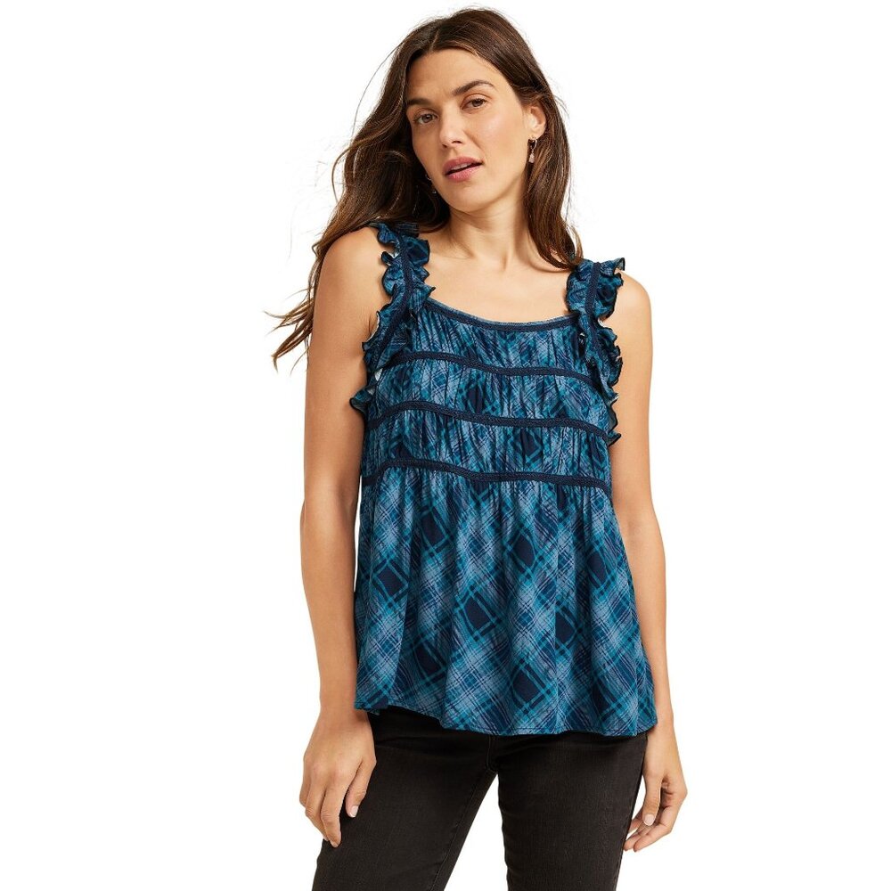 Maurices Tank Top Size Small Plaid Ruffle Sleeveless Crochet Lace Summer Boho